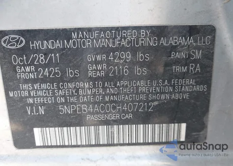 2012 Hyundai Sonata Gls z USA, uszkodzony, nr VIN 5NPEB4AC0CH407212